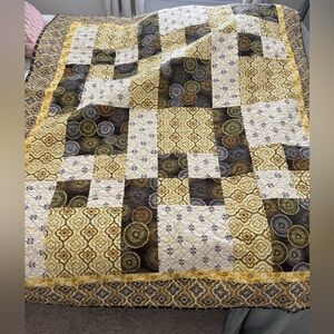 Handmade Patchwork Quilt with Yellow and Brown Patterns